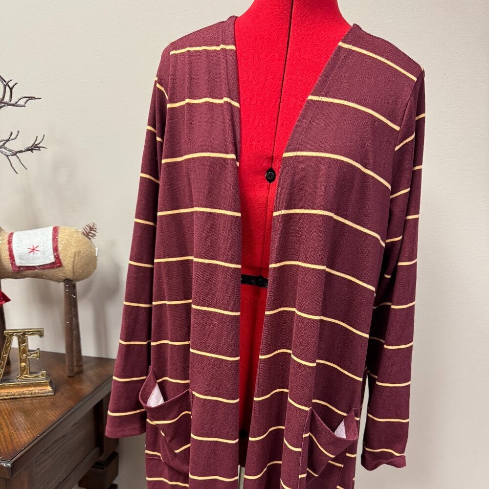 LuLaRoe Caroline Cardigan Maroon and Gold stripe Harry Potter Gryffindor size L